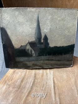 Old oil on panel landscape church 1915 signed