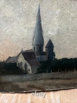 Old oil on panel landscape church 1915 signed