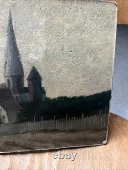 Old oil on panel landscape church 1915 signed