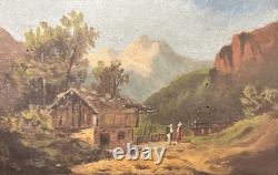 Old oil on panel signed Landscape of the Pyrenees or the Alps