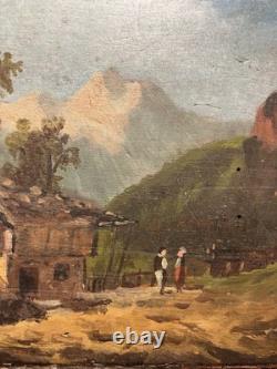 Old oil on panel signed Landscape of the Pyrenees or the Alps