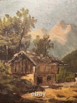 Old oil on panel signed Landscape of the Pyrenees or the Alps