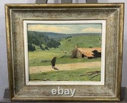 Old oil on panel signed Maxime, landscape set in a forest on the back