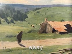 Old oil on panel signed Maxime, landscape set in a forest on the back