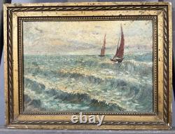 Old oil on panel view of sailing boats in rough sea pointillism