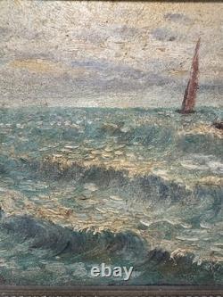 Old oil on panel view of sailing boats in rough sea pointillism