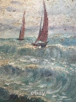 Old oil on panel view of sailing boats in rough sea pointillism