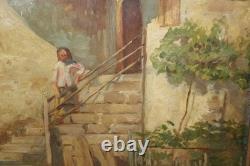 Old oil on paper, village, farm, peasant, 19th century