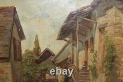 Old oil on paper, village, farm, peasant, 19th century