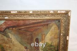 Old oil on paper, village, farm, peasant, 19th century