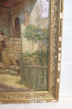 Old oil on paper, village, farm, peasant, 19th century