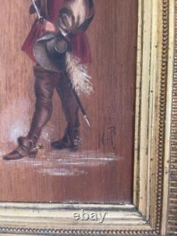 Old oil on wood panel, framed, signed musketeer, 19th century