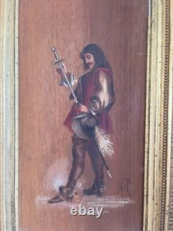 Old oil on wood panel, framed, signed musketeer, 19th century