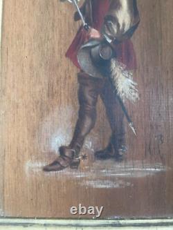Old oil on wood panel, framed, signed musketeer, 19th century