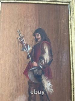 Old oil on wood panel, framed, signed musketeer, 19th century