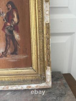 Old oil on wood panel, framed, signed musketeer, 19th century