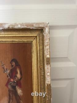 Old oil on wood panel, framed, signed musketeer, 19th century