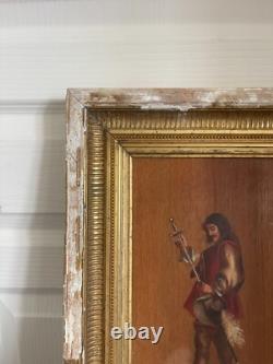 Old oil on wood panel, framed, signed musketeer, 19th century
