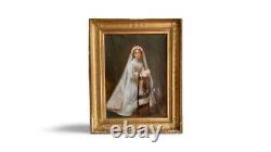 Old oil painting 18th 19th century portrait of a woman receiving communion Wooden key frame