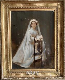Old oil painting 18th 19th century portrait of a woman receiving communion Wooden key frame