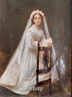 Old oil painting 18th 19th century portrait of a woman receiving communion Wooden key frame
