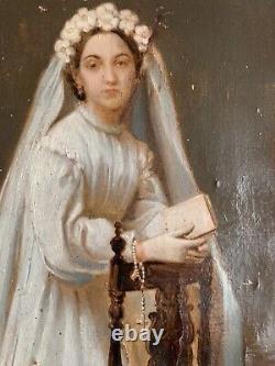 Old oil painting 18th 19th century portrait of a woman receiving communion Wooden key frame