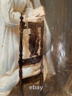 Old oil painting 18th 19th century portrait of a woman receiving communion Wooden key frame