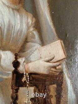 Old oil painting 18th 19th century portrait of a woman receiving communion Wooden key frame