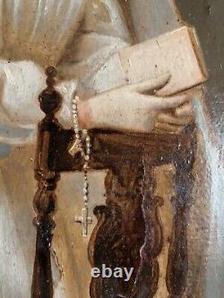 Old oil painting 18th 19th century portrait of a woman receiving communion Wooden key frame