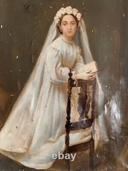 Old oil painting 18th 19th century portrait of a woman receiving communion Wooden key frame