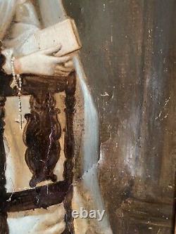 Old oil painting 18th 19th century portrait of a woman receiving communion Wooden key frame