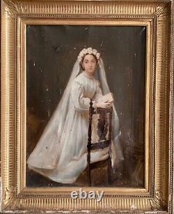 Old oil painting 18th 19th century portrait of a woman receiving communion Wooden key frame