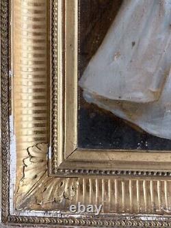 Old oil painting 18th 19th century portrait of a woman receiving communion Wooden key frame