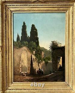 Old oil painting: Alley in an Italian Village 19th century