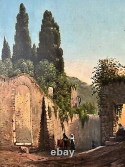 Old oil painting: Alley in an Italian Village 19th century