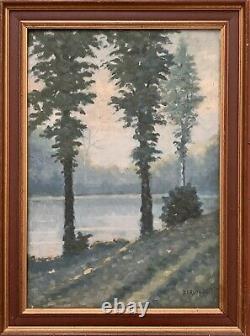 Old oil painting XIX landscape lakeside trees impressionism Deruyk