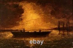Old oil painting by François MAURY (1861-1933) Boat on the lagoon