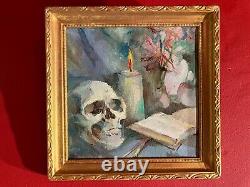 Old oil painting from the 20th century, Still life, vanity with skull
