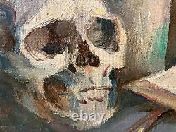 Old oil painting from the 20th century, Still life, vanity with skull