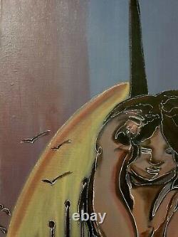 Old oil painting genre scene of a seated woman embraced couple figurative signed