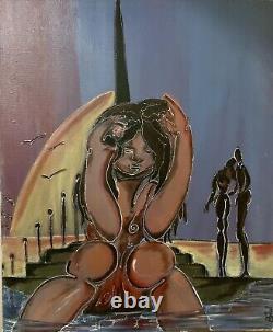 Old oil painting genre scene of a seated woman embraced couple figurative signed