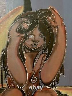 Old oil painting genre scene of a seated woman embraced couple figurative signed