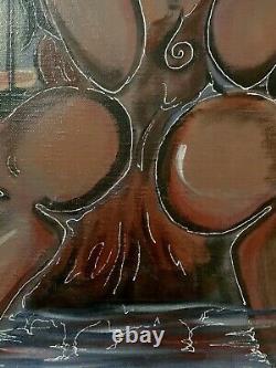Old oil painting genre scene of a seated woman embraced couple figurative signed