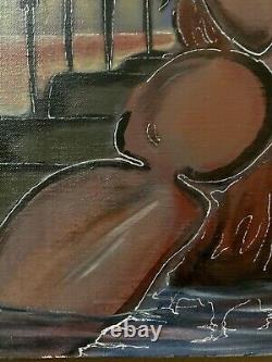 Old oil painting genre scene of a seated woman embraced couple figurative signed
