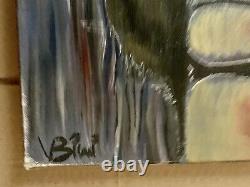 Old oil painting genre scene of a seated woman embraced couple figurative signed