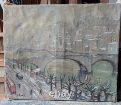 Old oil painting landscape snow-view of Lyon H. Bodin Avon early 20th century