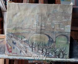 Old oil painting landscape snow-view of Lyon H. Bodin Avon early 20th century