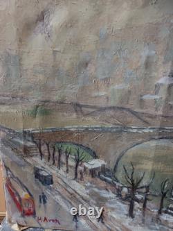 Old oil painting landscape snow-view of Lyon H. Bodin Avon early 20th century
