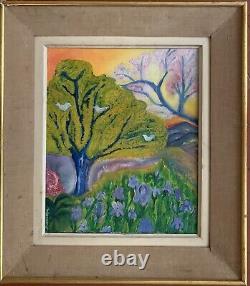 Old oil painting landscape spring Bormes-les-Mimosas fauvism Naive signed