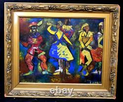 Old oil painting of French school dancers signed early 20th century cubism.